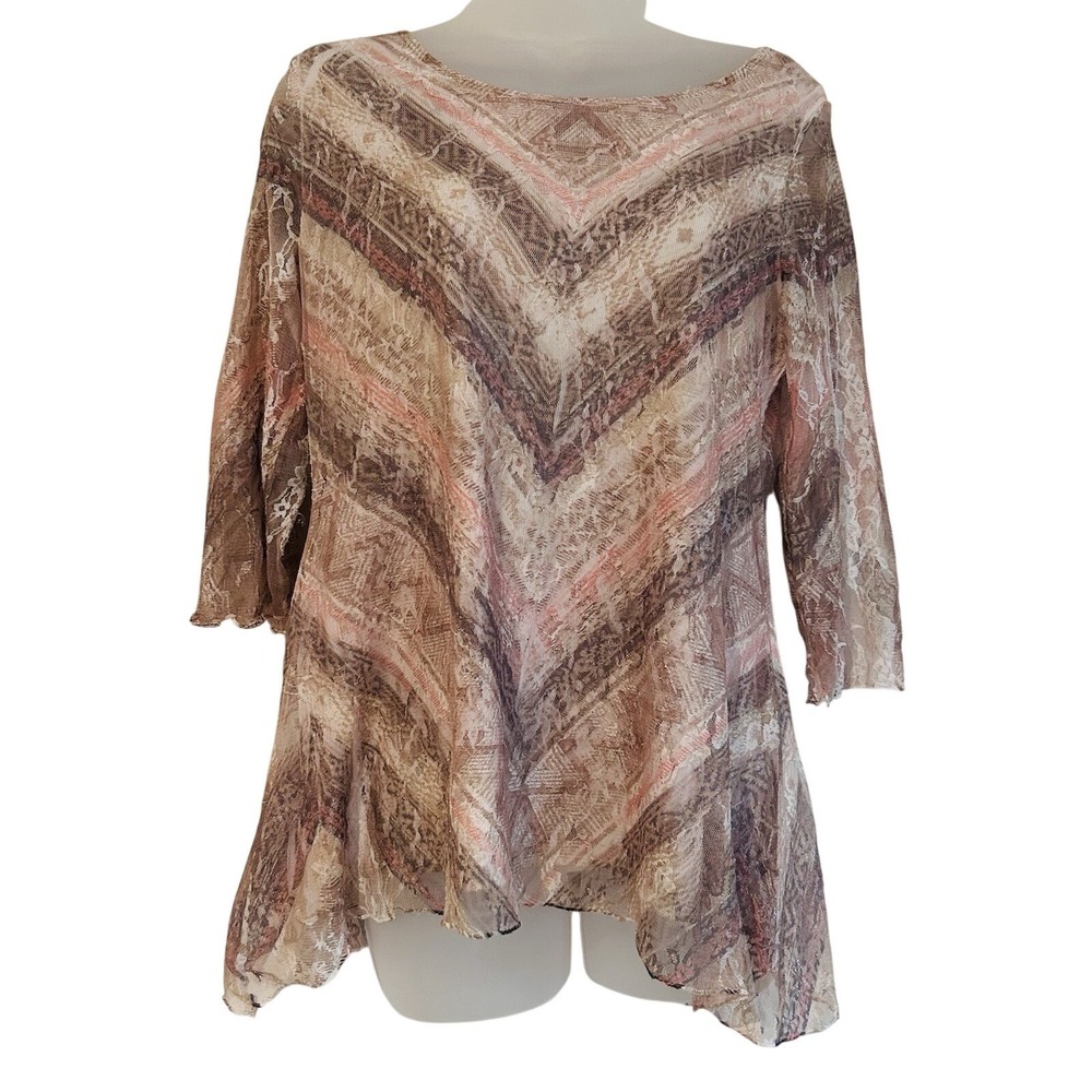 Vtg Made in USA Fairy Blouse Sz S Tunic Asymmetric Lettuce Hem Lace Overlay